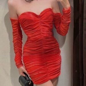 Zara Red Long Sleeve Ruched Dress